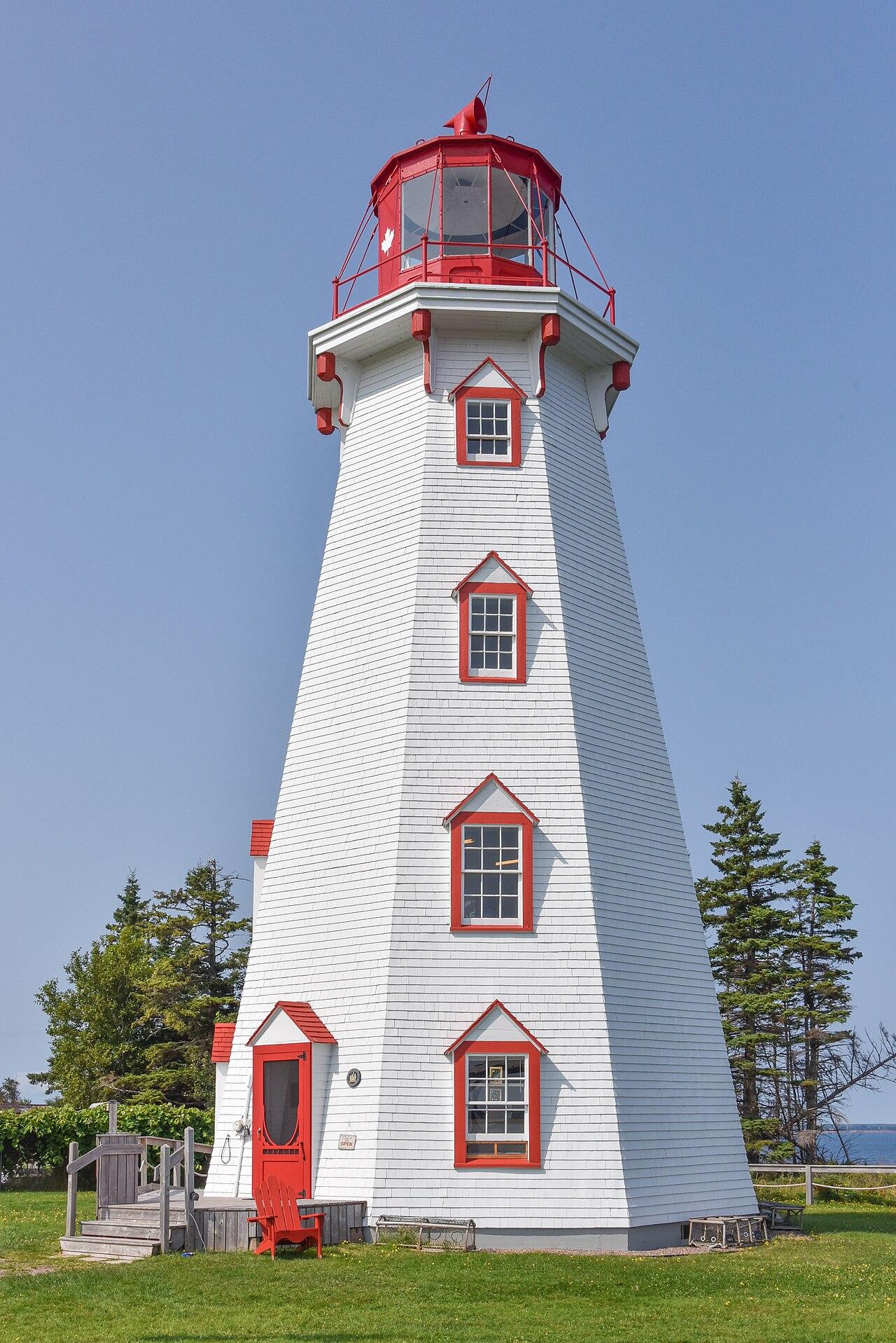 Panmure Island Lighthouse, a white wooden tower with red trim, on a clear day