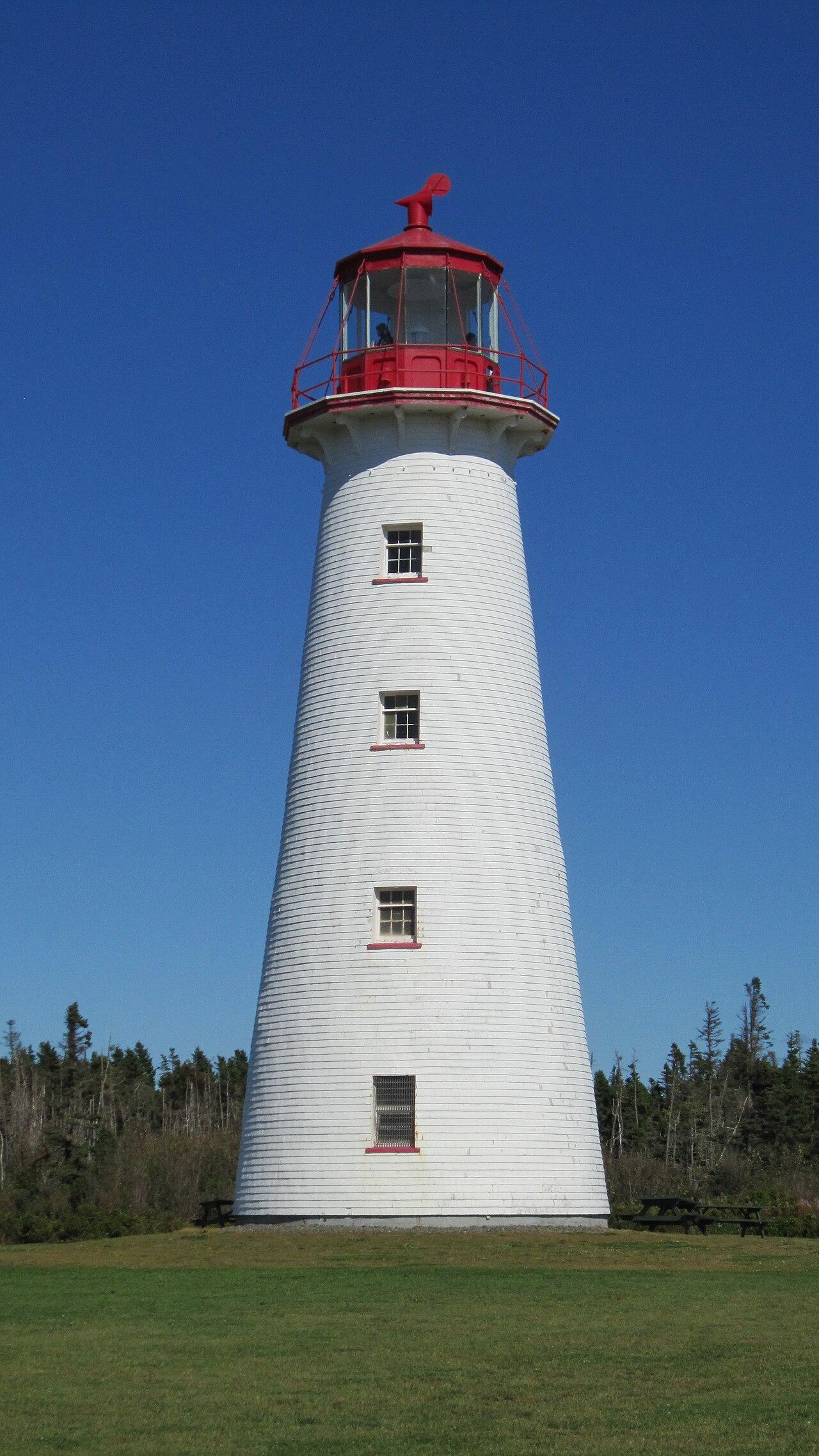 Point Prim Lighthouse, a white tower with a red lantern, against a clear sky