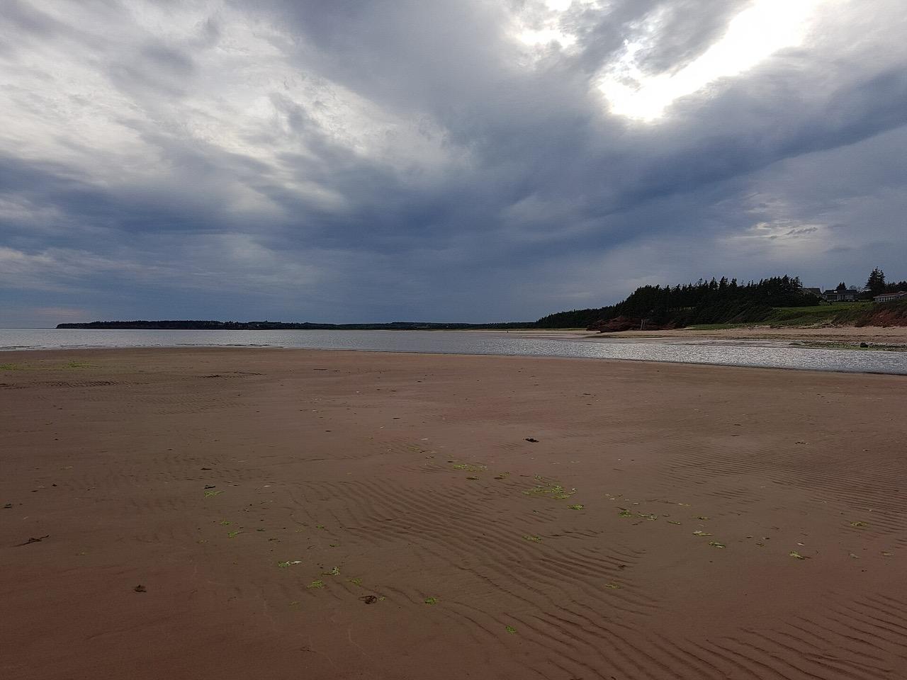 The beach at Red Point Provincial Park under a dark sky, with wet sand and a low headland