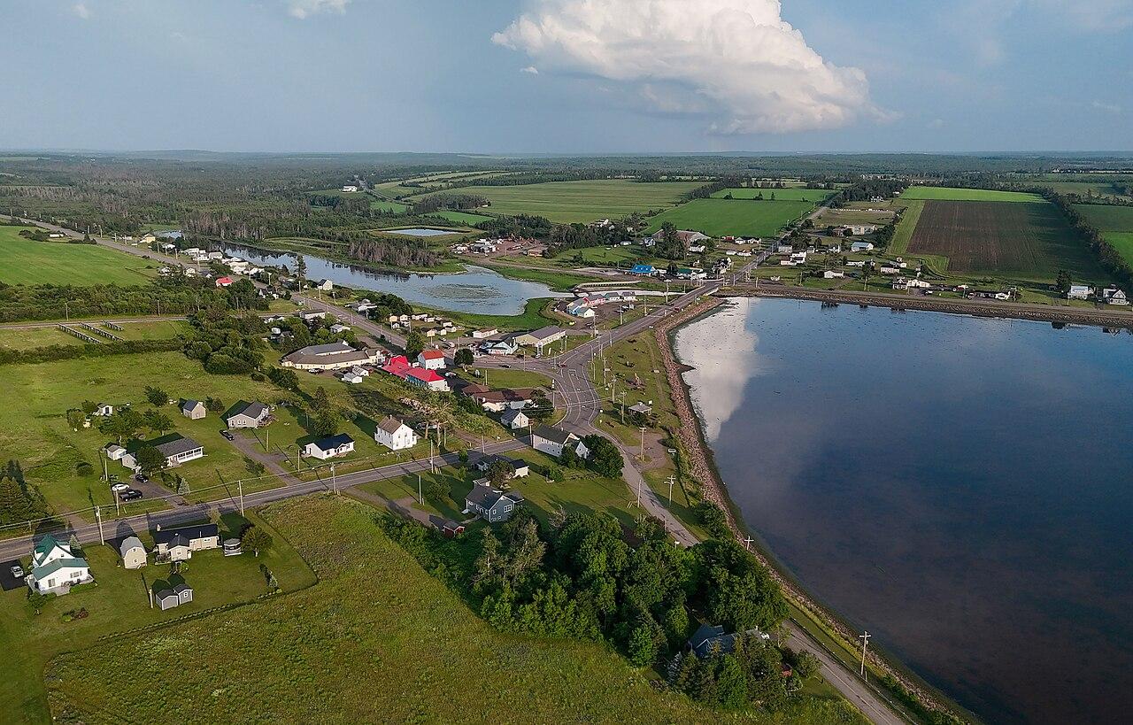 St. Peters Bay from the air, with the village between the fields and the water